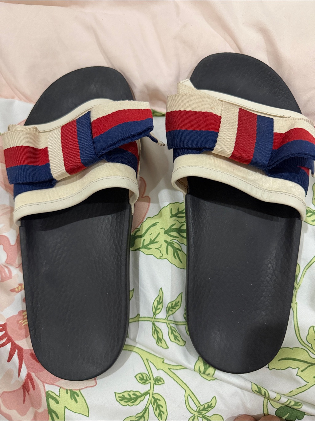 Gucci Bow Striped Canvas Slide Sandals Authentic